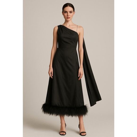 Hutch Dresses & Skirts - Hutch Black One Shoulder Midi Dress with Feathers Hem Size 6 Elegant Gown